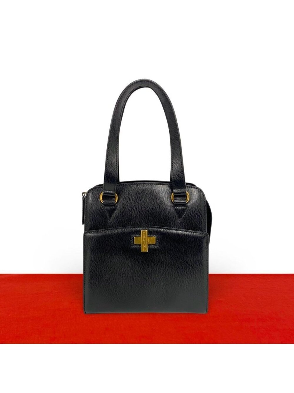 Celine Vintage Logo Stamp Leather Handbag Mini Tote Black